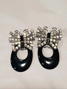 Vintage Rhinestone Butterfly Stone Ceramic Doorknocker Earrings